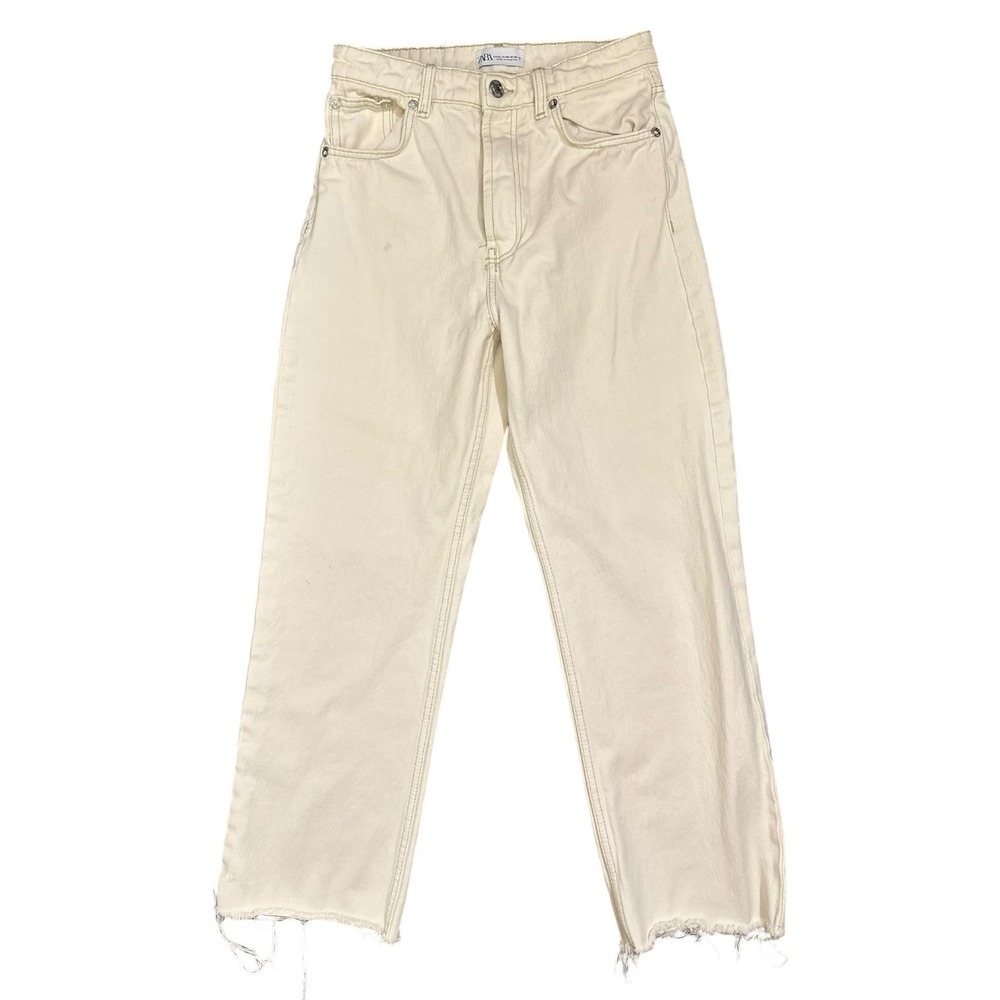 Zara Women's Cream High Waisted Straight Leg Raw Hem Button Fly Jeans Size 6 28W